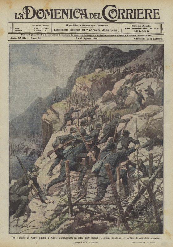 Tussen de pieken van Monte Chiesa en Monte Campigoletti (op meer dan 2000 meter) doorbreken de alpini drie linies door Achille Beltrame