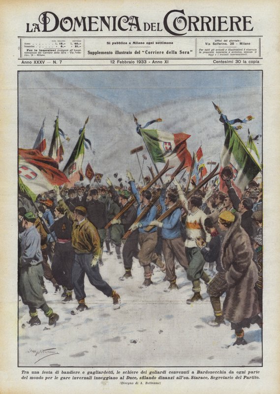 Tussen een feest van vlaggen en vaandels, de rijen van de goliarden verzameld in Bardonecchia door Achille Beltrame