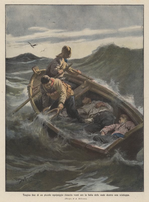 Tragisch einde van een kleine bemanning die twintig uur aan de golven was overgeleverd in een sloep door Achille Beltrame