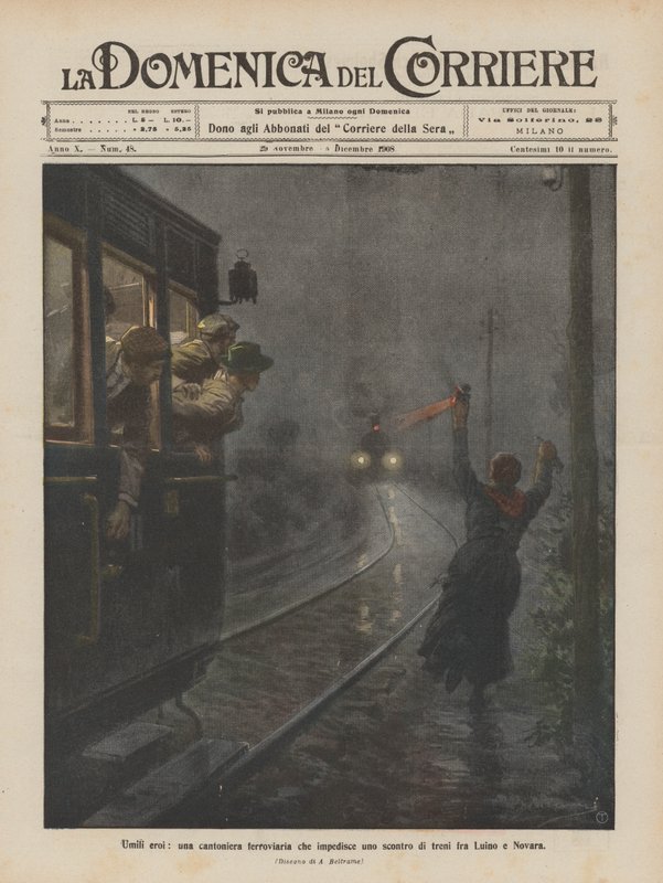 Bescheiden helden, een spoorwegwachter die een treinbotsing tussen Luino en Novara voorkomt door Achille Beltrame