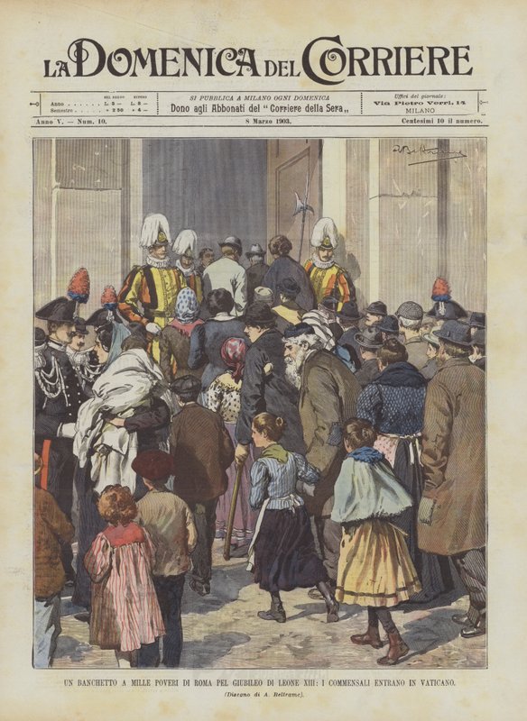 Een banket voor duizend armen van Rome voor het jubileum van Leo XIII, de gasten betreden het Vaticaan door Achille Beltrame