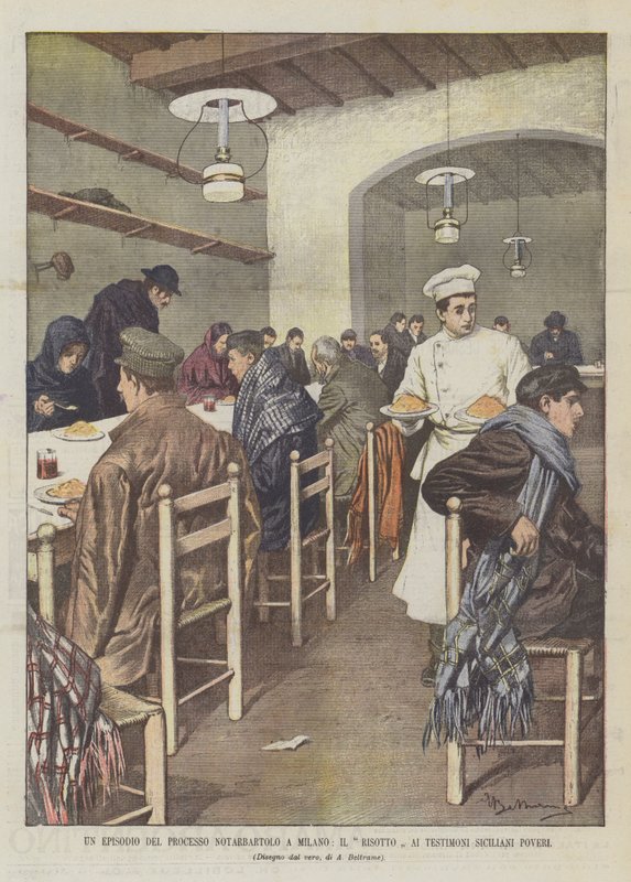 Een episode van het Notarbartolo-proces in Milaan, de risotto voor arme Siciliaanse getuigen door Achille Beltrame