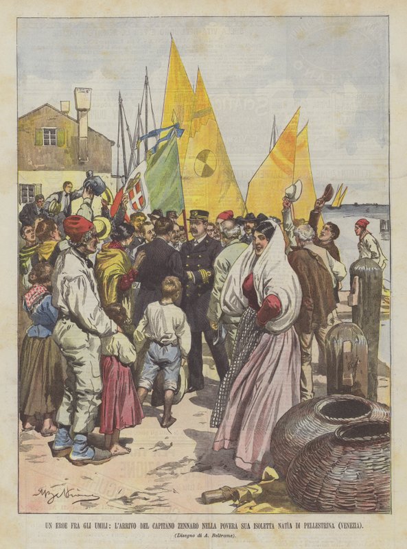 Een held onder de nederigen, de aankomst van kapitein Zennaro op zijn arme geboorteeiland Pellestrina (Venetië) door Achille Beltrame