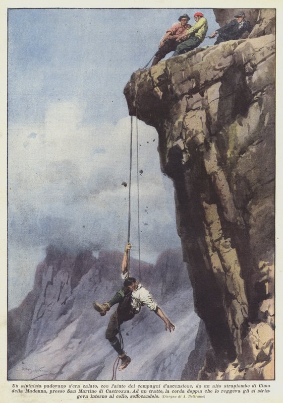 Een bergbeklimmer uit Padua daalde, met hulp van zijn klimgenoten, van een hoge klif af door Achille Beltrame