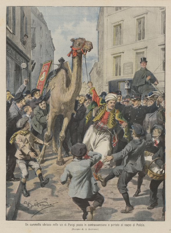 Een dronken kameel in de straten van Parijs beboet en naar het politiebureau gebracht door Achille Beltrame