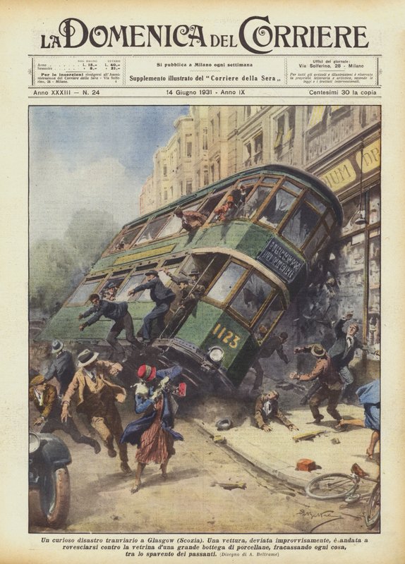 Een merkwaardig tramongeluk in Glasgow (Schotland) door Achille Beltrame