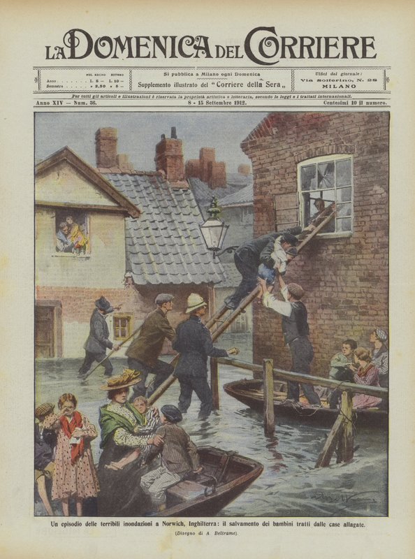 Een episode van de verschrikkelijke overstromingen in Norwich, Engeland, de redding van kinderen door Achille Beltrame