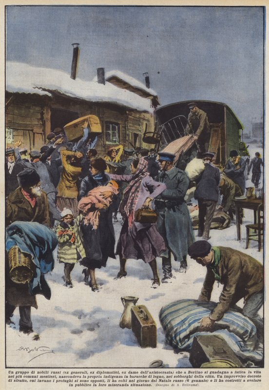 Een groep Russische edelen (voormalige generaals, voormalige diplomaten, voormalige aristocratische dames) die in Berlijn door Achille Beltrame
