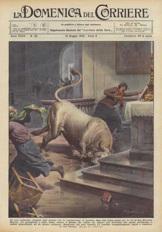 Een woedende stier, ontsnapt aan de mannen die hem naar het slachthuis brachten, na een wilde rit door door Achille Beltrame