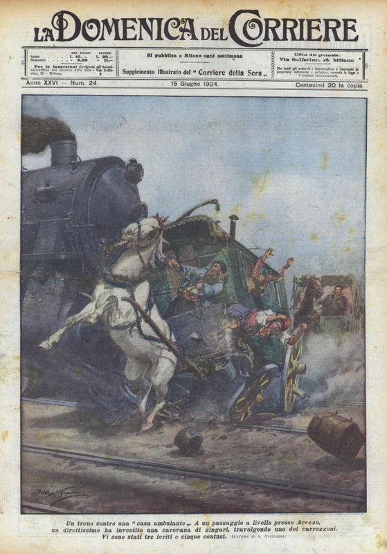 Een trein tegen een rijdend huis door Achille Beltrame