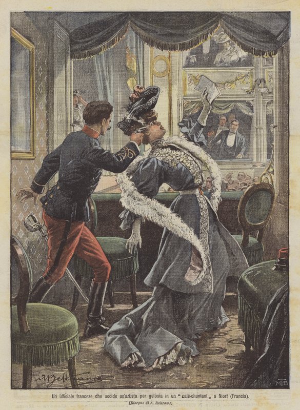 Een Franse officier die een kunstenaar uit jaloezie doodt in een café-chantant in Niort (Frankrijk) door Achille Beltrame