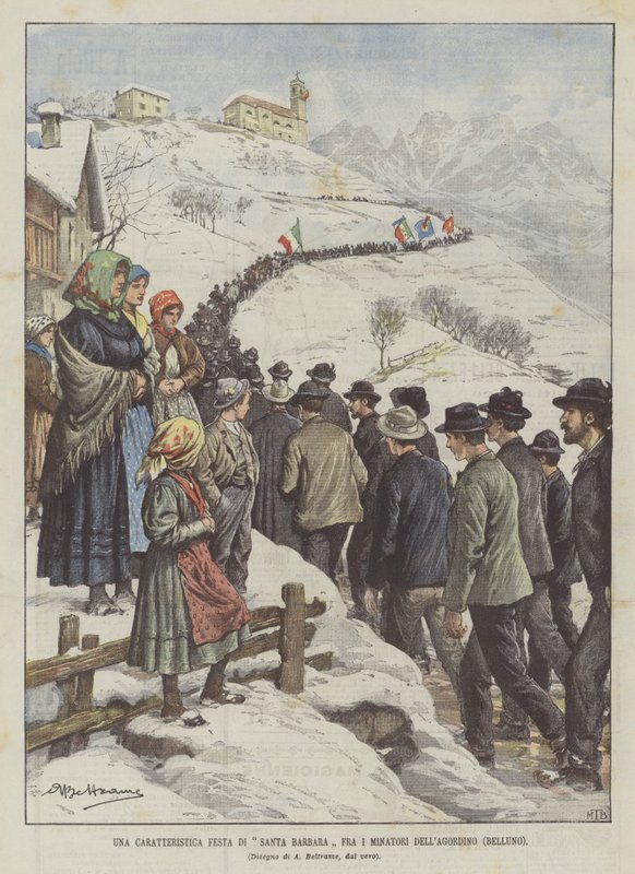 Een karakteristiek feest van Santa Barbara onder de mijnwerkers van Agordino (Belluno) door Achille Beltrame