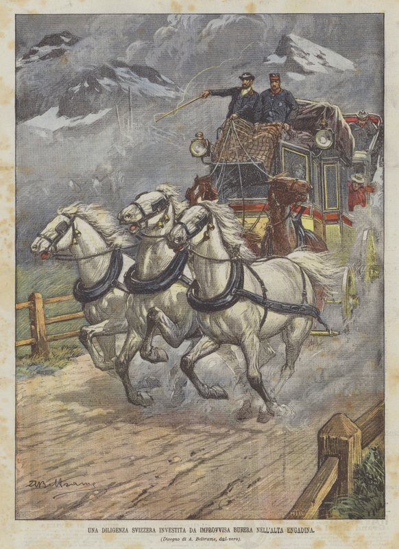 Een Zwitserse diligence getroffen door een plotselinge storm in de Hoge Engadin door Achille Beltrame