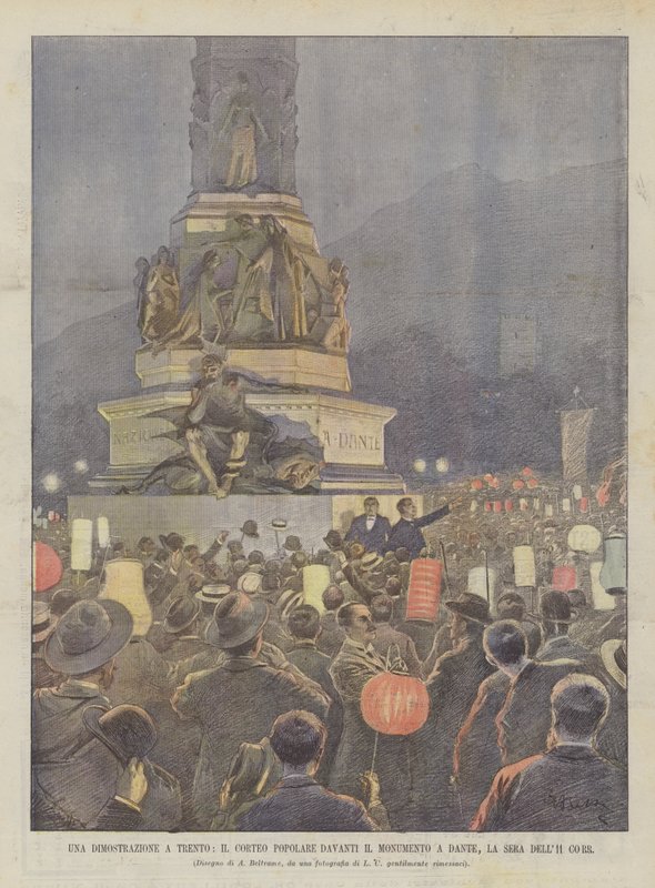 Een demonstratie in Trento, de volksoptocht voor het Monument voor Dante, de avond van 11 maart door Achille Beltrame