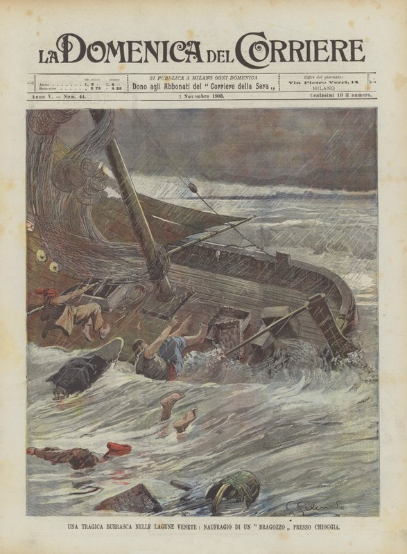 Een tragische storm in de Venetiaanse lagunes, schipbreuk van een bragozzo bij Chioggia door Achille Beltrame