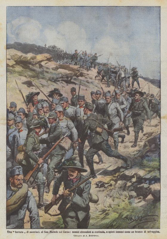 Een Oostenrijkse aanval, bij San Michele op de Karst, vijanden omsingeld door honderden door Achille Beltrame