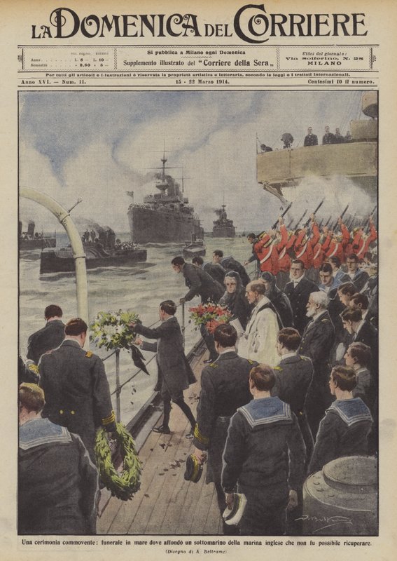 Een ontroerende ceremonie, begrafenis op zee waar een Engelse onderzeeër zonk door Achille Beltrame