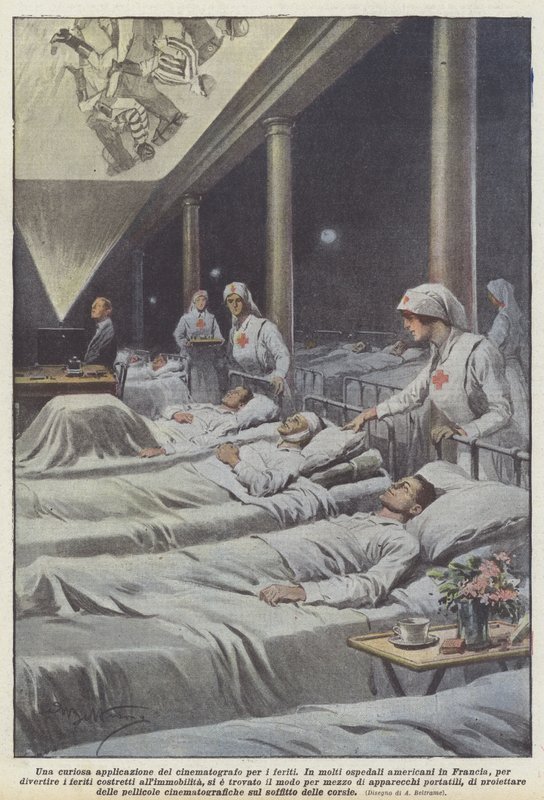 Een curieuze toepassing van de bioscoop voor gewonden door Achille Beltrame