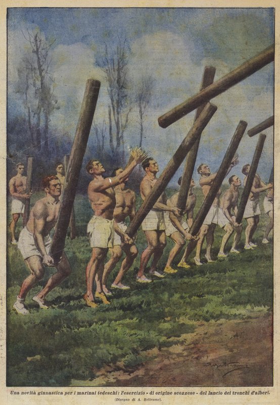 Een nieuwe gymnastiek voor Duitse matrozen, de oefening - van Schotse oorsprong - van het boomstamwerpen door Achille Beltrame
