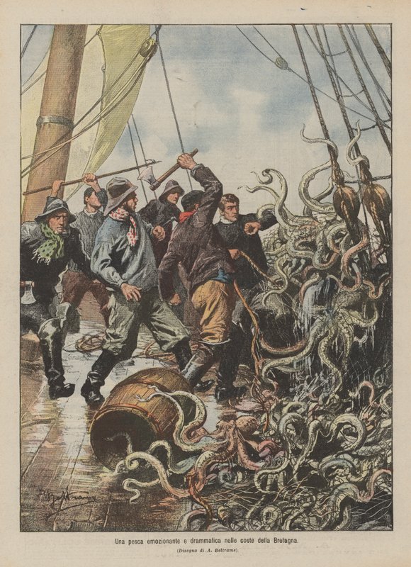 Een spannende en dramatische visvangst aan de kust van Bretagne door Achille Beltrame