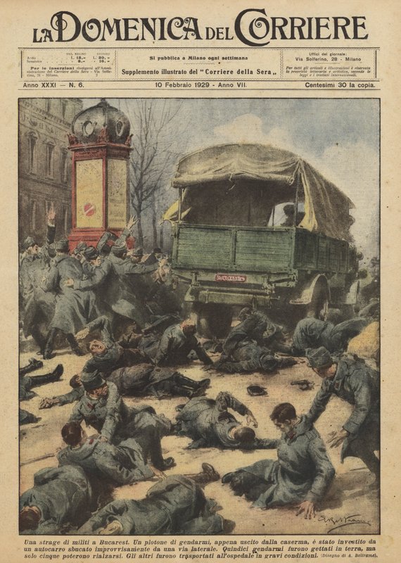 Een slachting van soldaten in Boekarest door Achille Beltrame