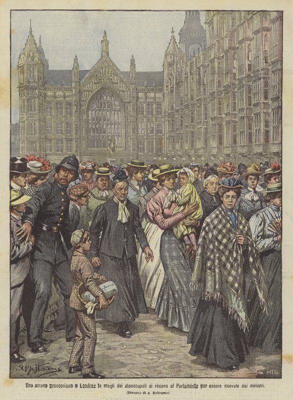 Een vreemde processie in Londen, de vrouwen van de werklozen gaan naar het Parlement om door de ministers te worden ontvangen door Achille Beltrame