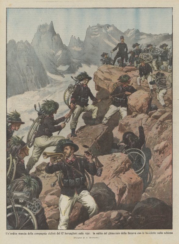 Een gedurfde mars van de fietscompagnie van het 12e bersaglieri op de Alpen, de beklimming van de gletsjer door Achille Beltrame