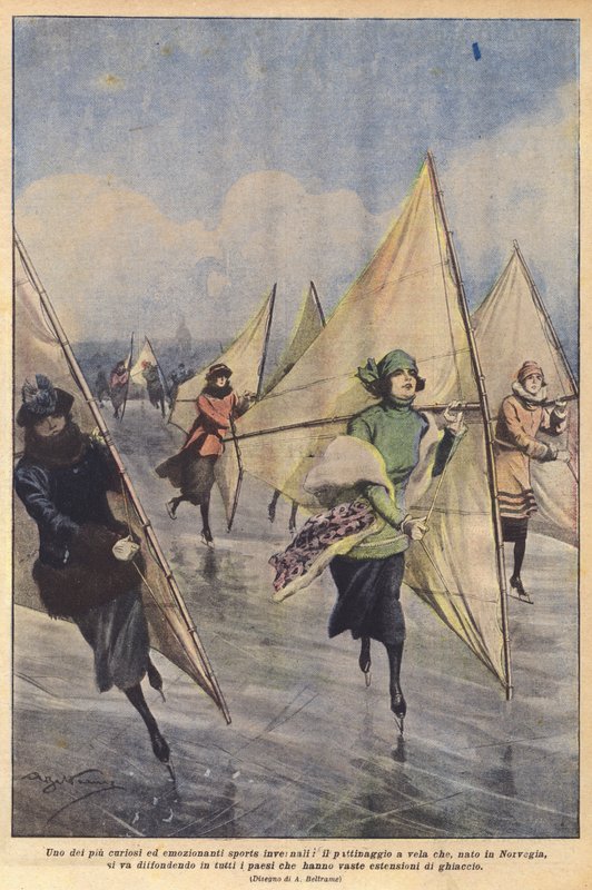 Een van de meest curieuze en opwindende wintersporten, het zeilschaatsen dat in Noorwegen is ontstaan door Achille Beltrame