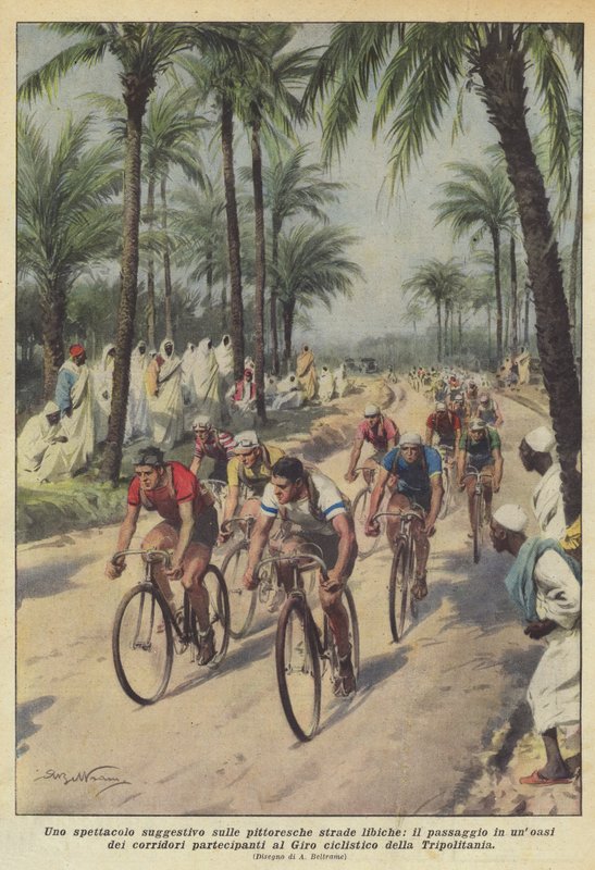 Een suggestief schouwspel op de schilderachtige Libische wegen, de passage in een oase van de hardlopers door Achille Beltrame