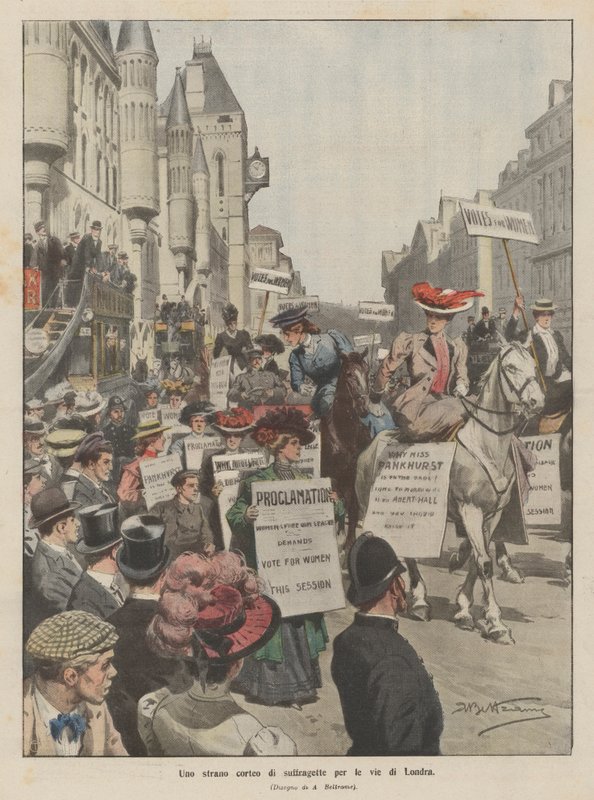 Een vreemde optocht van suffragettes door de straten van Londen door Achille Beltrame