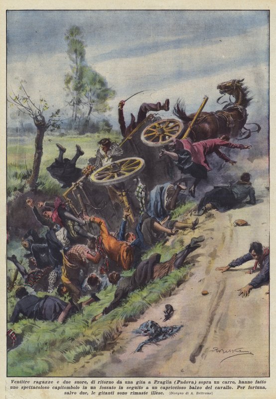 Drieëntwintig meisjes en twee nonnen, terug van een uitstapje naar Praglia (Padua) bovenop een wagen ? door Achille Beltrame