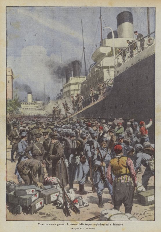 Op weg naar de nieuwe oorlog, de landing van de Anglo-Franse troepen in Saloniki door Achille Beltrame