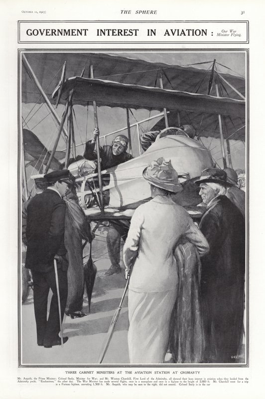 Kolonel J A B Seely, staatssecretaris van Oorlog, bestuurt een vliegtuig, Cromarty Aviation Station, Schotland, 1913 door Addison Thomas Millar