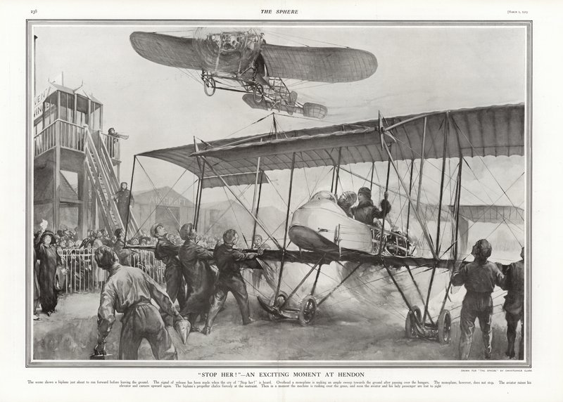 Bijna ongeluk op Hendon Aerodrome, 1913 door Addison Thomas Millar