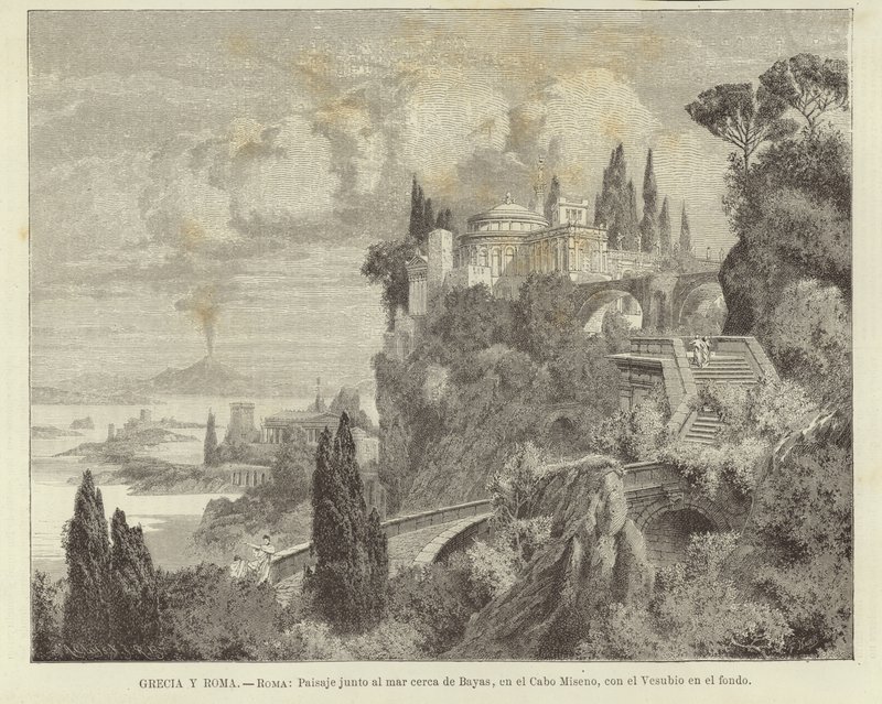 Griekenland en Rome - Rome: Landschap aan zee bij Kaap Miseno met Vesuvius op de achtergrond door Adolf Closs