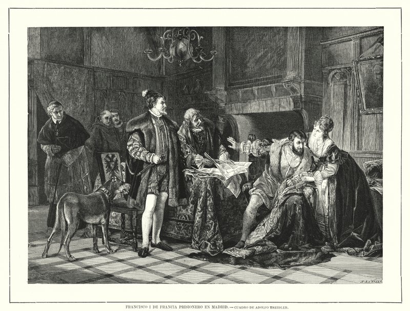 Koning Frans I van Frankrijk gevangen in Milaan na zijn nederlaag in de Slag bij Pavia door Adolph (after) Treidler