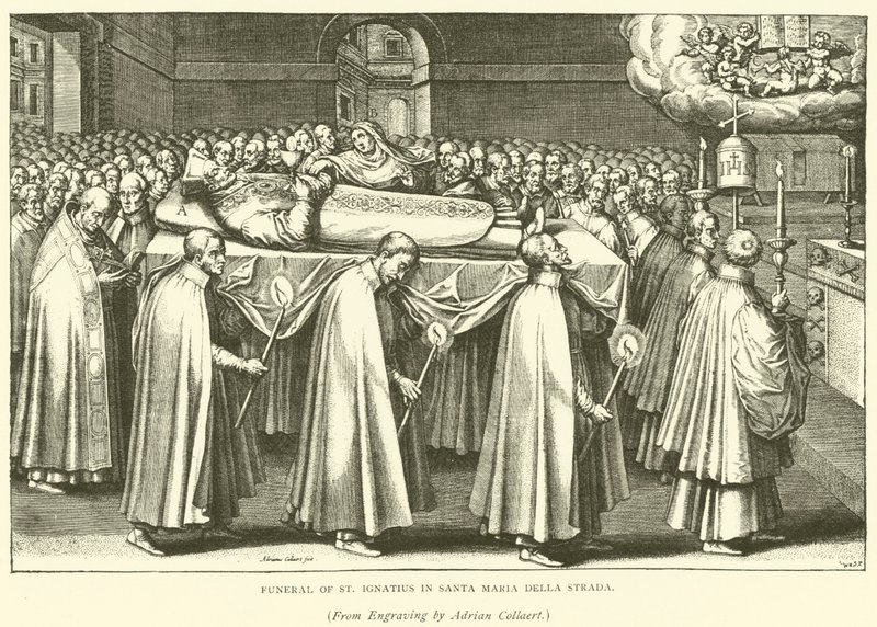 Begrafenis van St. Ignatius in Santa Maria Della Strada (gravure) door Adriaen (after) Collaert