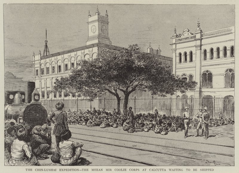 De Chin-Lushai Expeditie, het Meean Mir Coolie Corps in Calcutta wacht om verscheept te worden door Adrien Emmanuel Marie