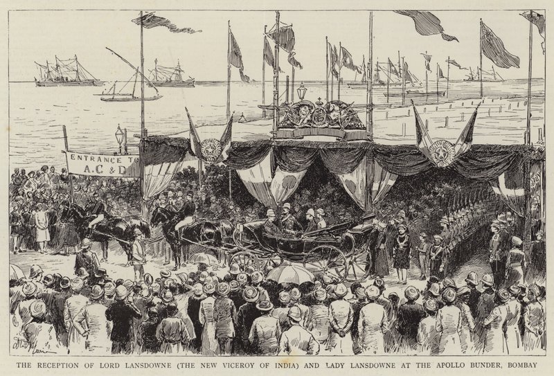 De ontvangst van Lord Lansdowne (de nieuwe onderkoning van India) en Lady Lansdowne bij de Apollo Bunder, Bombay door Adrien Emmanuel Marie