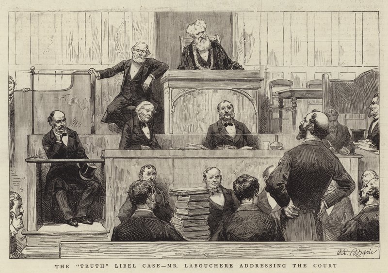 De Waarheidslasterzaak, de heer Labouchere spreekt de rechtbank toe door Adrien Emmanuel Marie