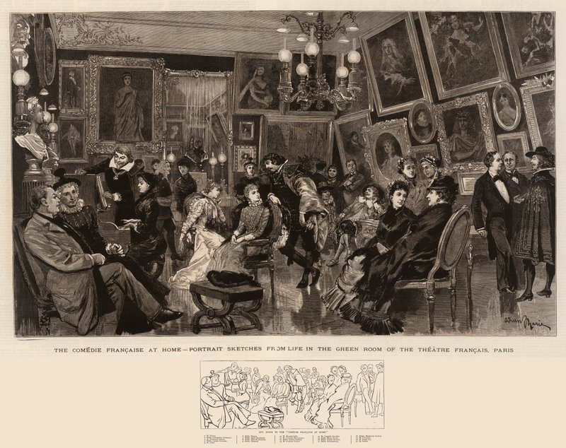 De Comédie Française thuis, portretschetsen uit het leven in de groene kamer van het Théâtre Français, Parijs door Adrien Emmanuel Marie