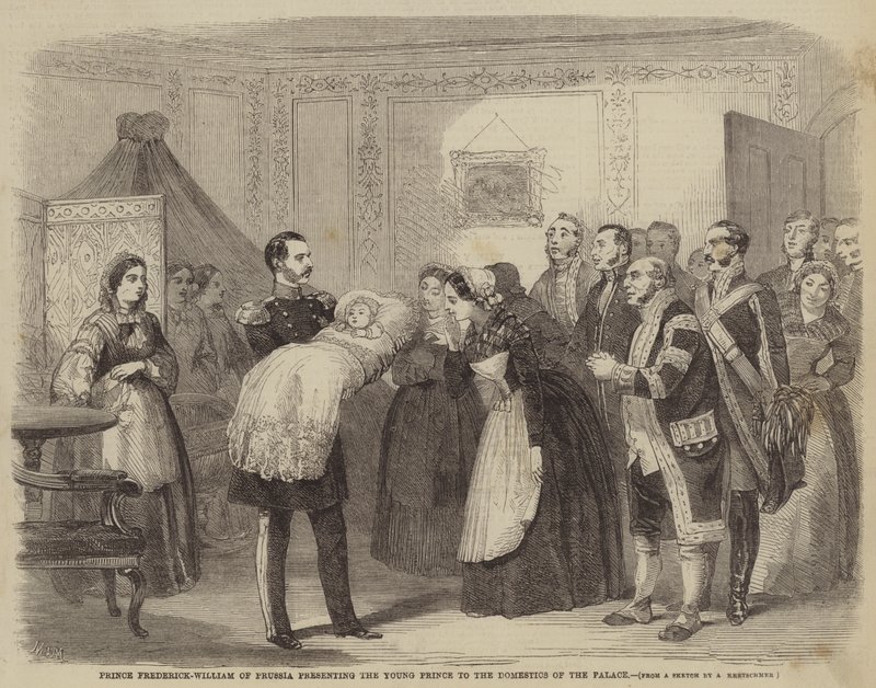 Prins Frederik-Willem van Pruisen presenteert de Jonge Prins aan het Personeel van het Paleis door Albert Kretschmer