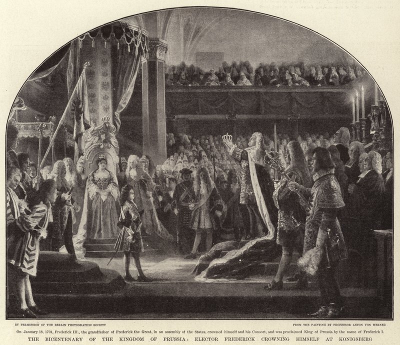 Het bicentenaire van het Koninkrijk Pruisen, keurvorst Frederik kroont zichzelf in Konigsberg door Albert Sauvert