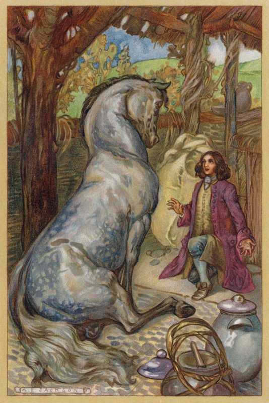 De Houyhnhnm Besprak de Mensheid met Gulliver (chromolitho) door Albert Edward Jackson