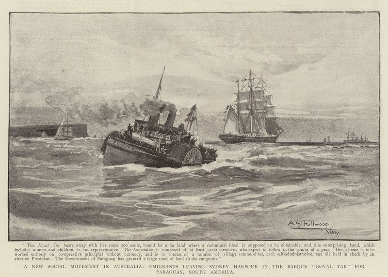 Een Nieuwe Sociale Beweging in Australië, Emigranten verlaten Sydney Harbour in de Bark Royal Tar naar Paraguay, Zuid-Amerika door Albert Henry Fullwood
