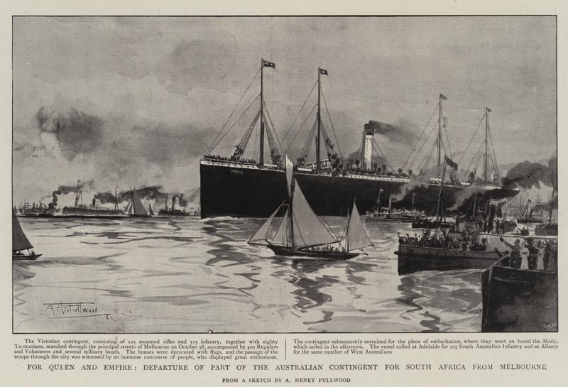 Voor koningin en rijk, vertrek van een deel van het Australische contingent naar Zuid-Afrika vanuit Melbourne door Albert Henry Fullwood