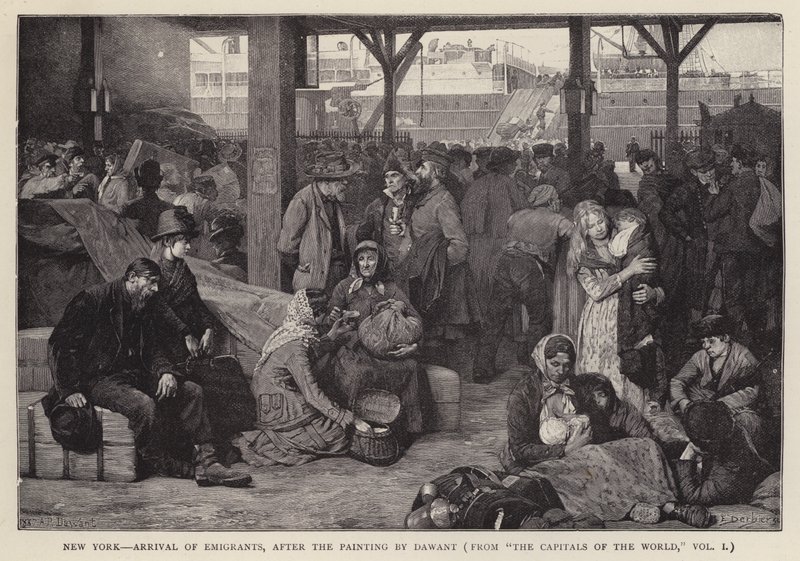 New York - Aankomst van emigranten (litho) door Albert Pierre Dawant
