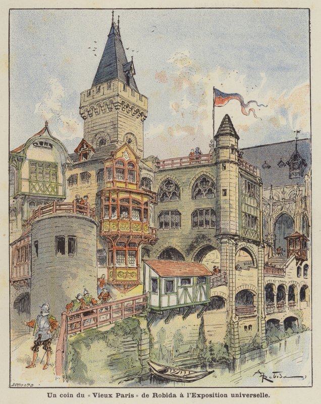 Een hoek van Robidas Oud Parijs op de Exposition Universelle door Albert Robida