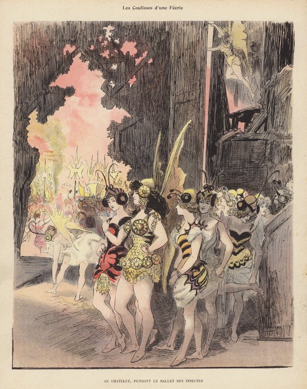 Achter de schermen tijdens een productie van het Ballet des Insectes in het Théâtre du Châtelet, Parijs door Albert Robida