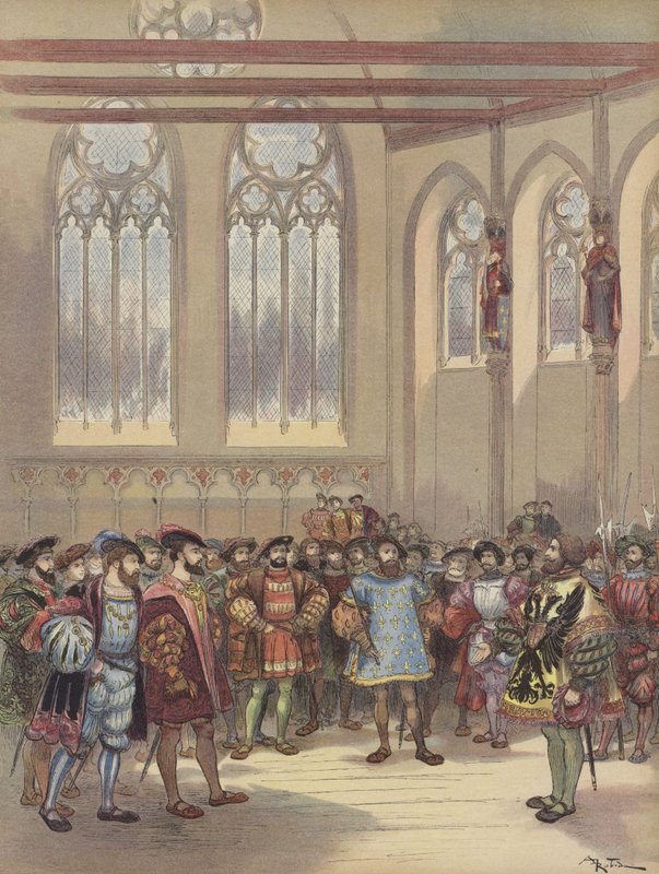 De heraut Bourgogne, gestuurd door Karel V, wordt ontvangen door Frans I in de grote zaal van het Parlement door Albert Robida